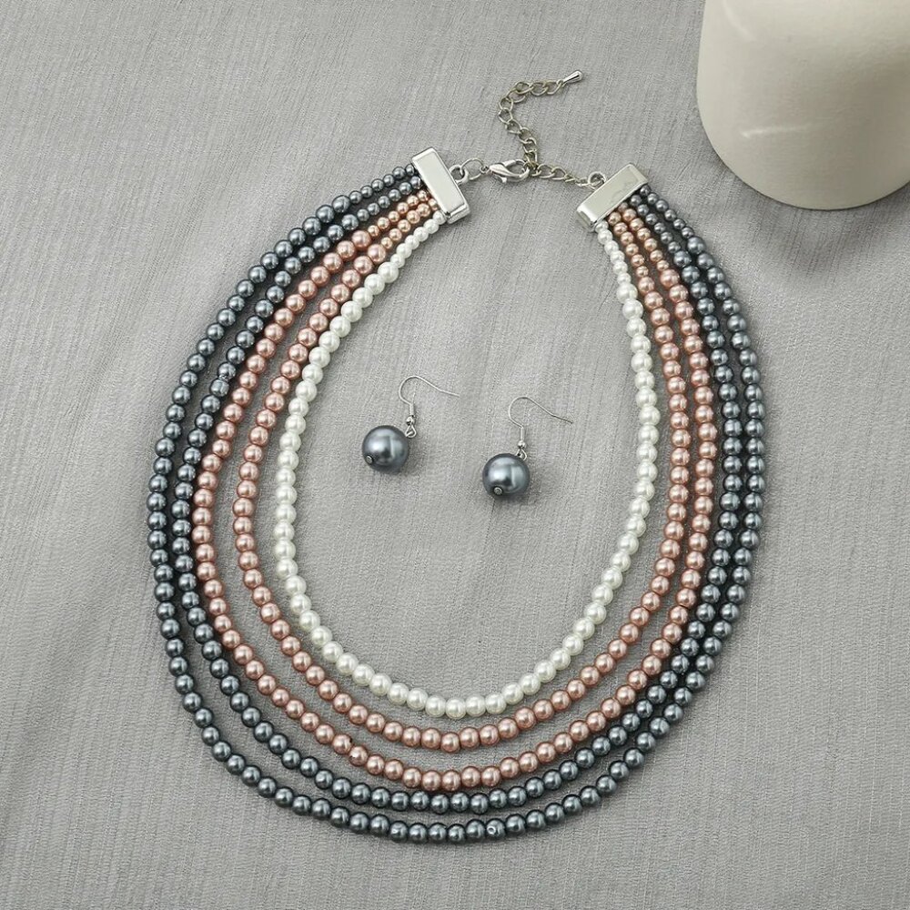 5-Layers Imitation Pearls Design Necklace Earrings Set Fashion Jewelry, Gray